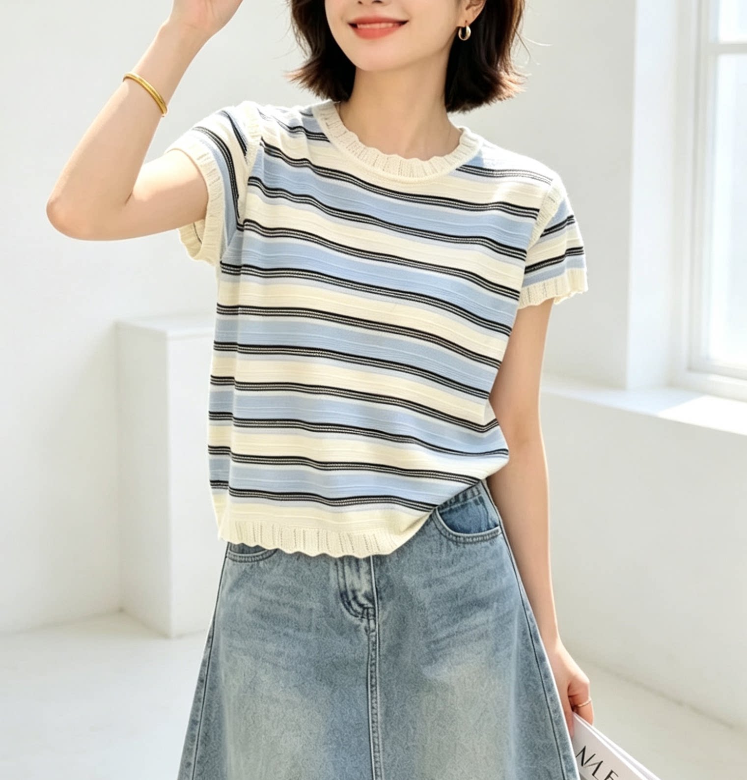 圣仕莲8657 显瘦圆领条纹针织衫女莱赛尔冰丝小飞袖短袖上衣T恤