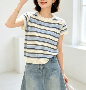 圣仕莲8657 显瘦圆领条纹针织衫女莱赛尔冰丝小飞袖短袖上衣T恤