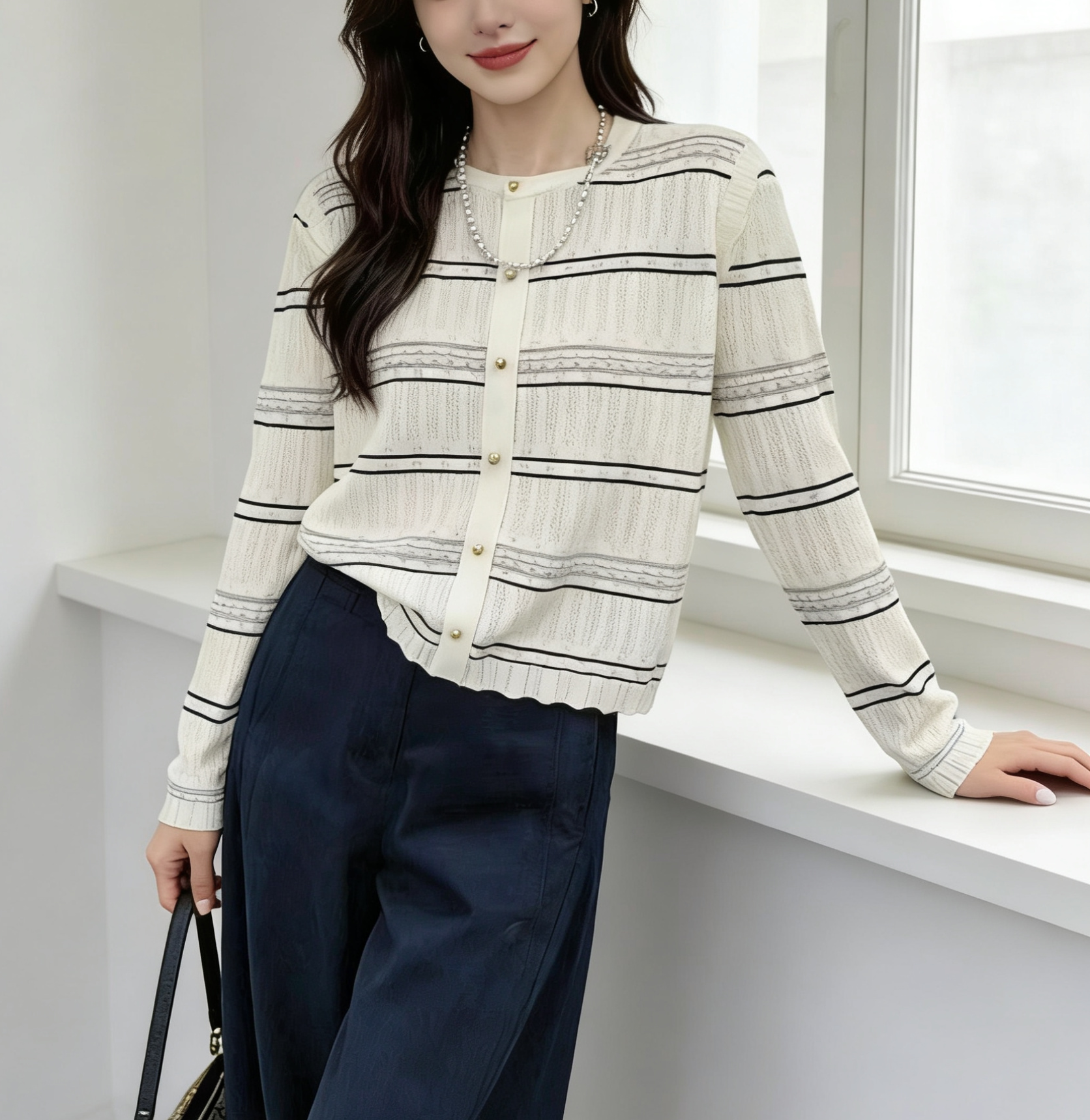 圣仕莲8581 显瘦圆领镂空条纹针织衫木耳花边女打底衫上衣T