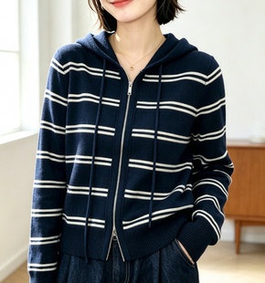 圣仕莲9001 宽松显瘦连帽条纹针织开衫女莱赛尔毛衣外套拉链帽衫T