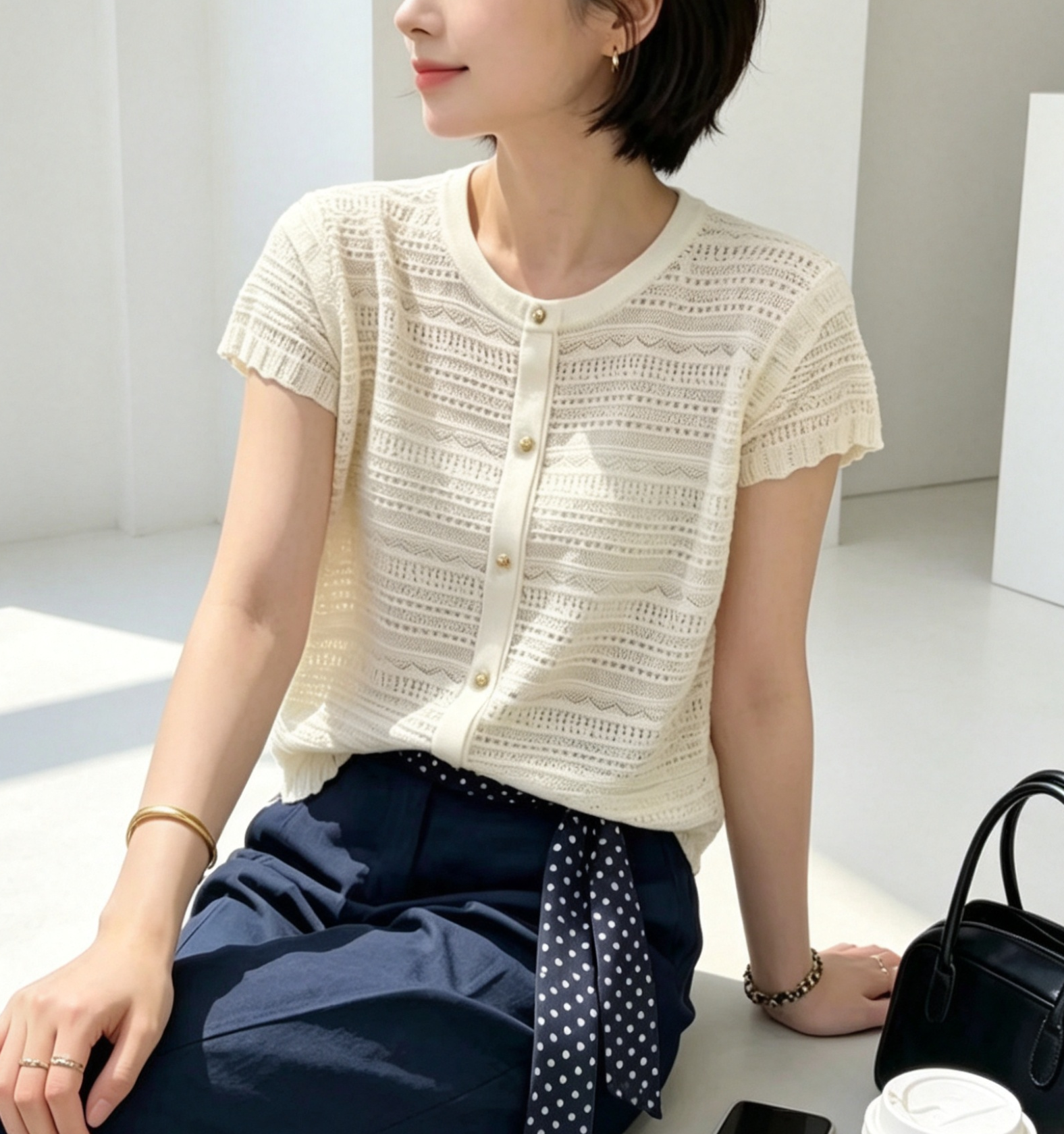 圣仕莲8658 显瘦圆领镂空针织衫女莱赛尔冰丝小飞袖短袖上衣T恤衫