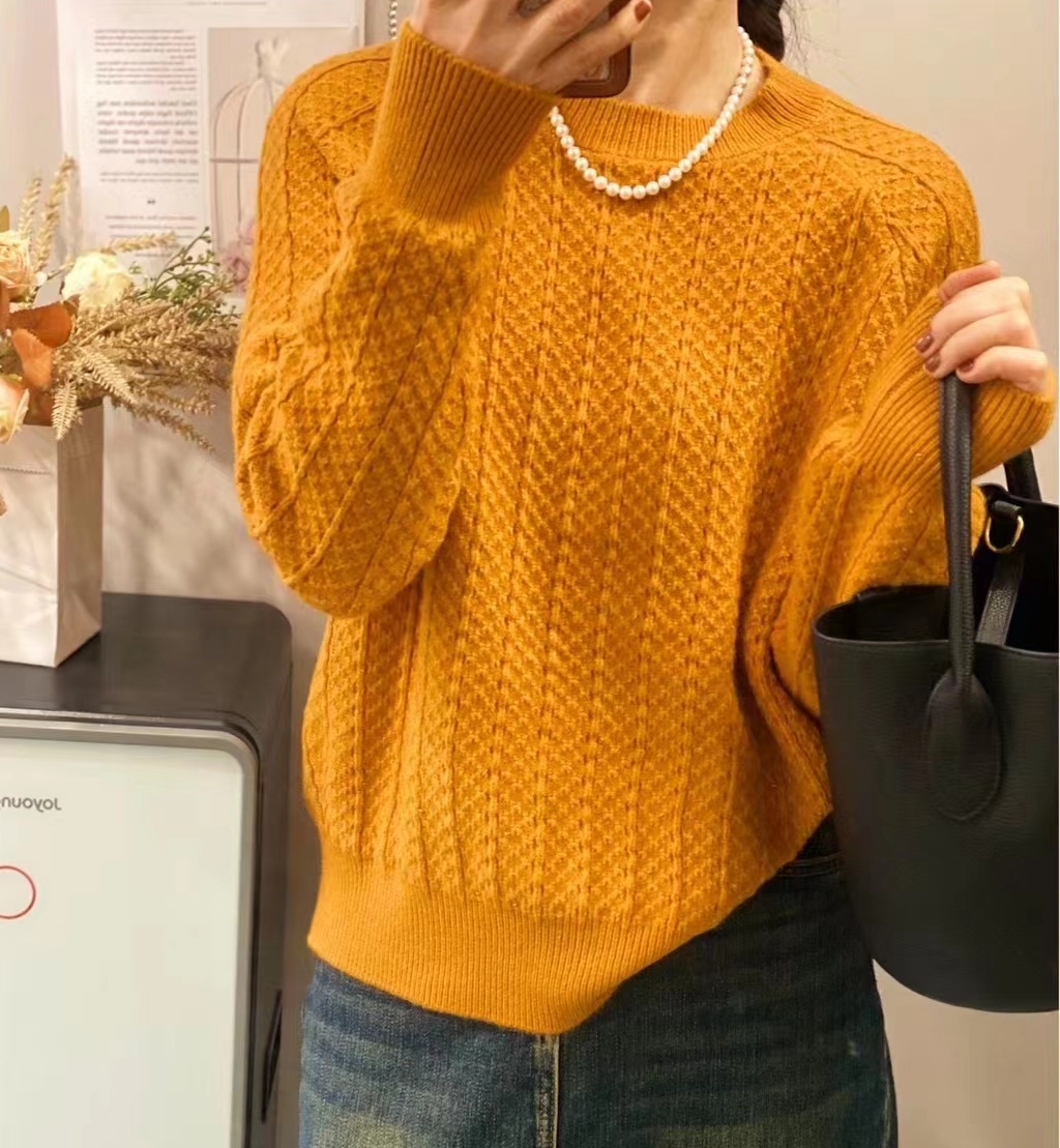 圣仕莲5892 秋冬金丝线绢纱低圆领显瘦套头毛衣打底针织衫女上衣