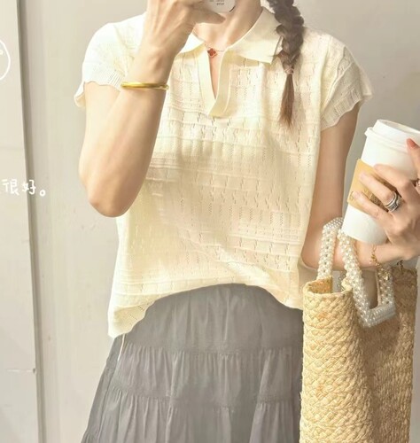 圣仕莲8370 显瘦翻领polo衫花边短袖天丝针织衫钩花镂空女上衣T恤