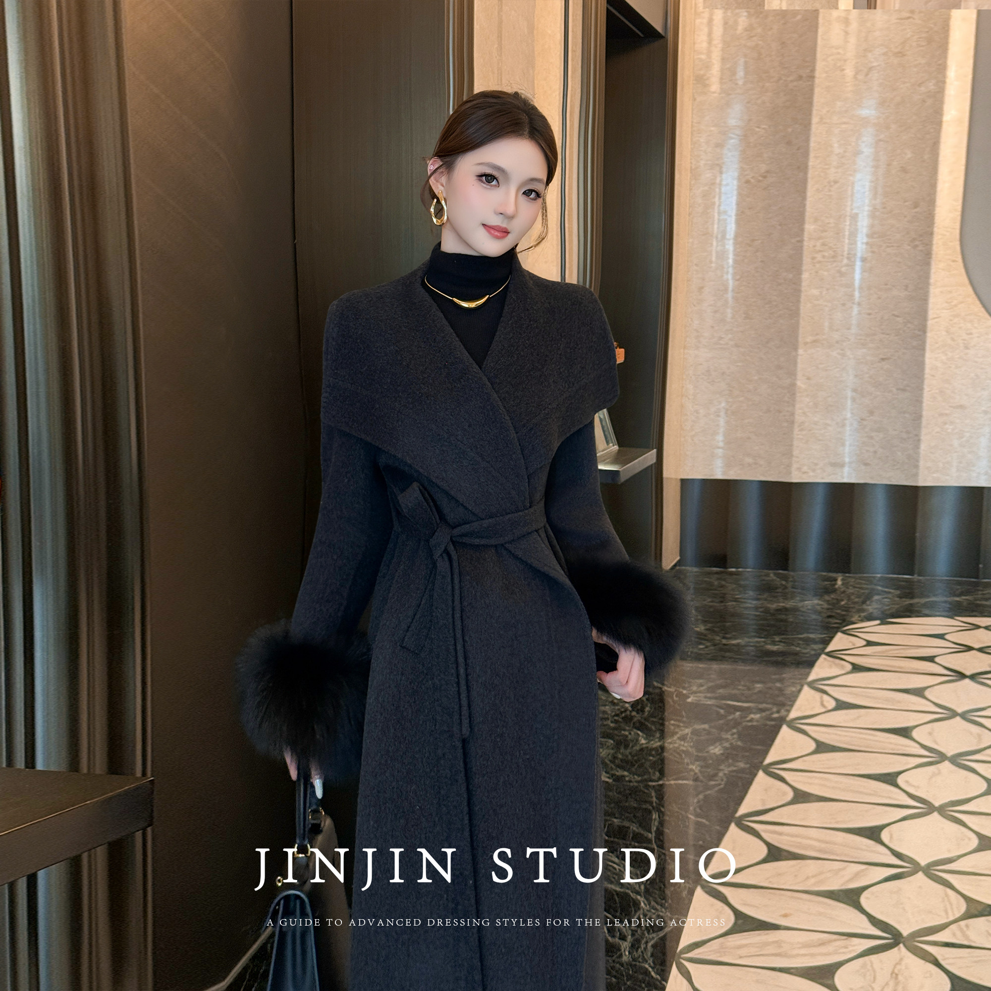 气质大翻领双面绵羊毛大衣长外套