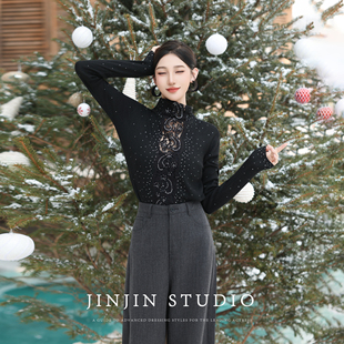 蕾丝拼接烫钻双面穿羊毛打底上衣 2026新款 MD进进原创 羽光絮语