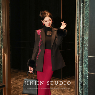 MD进进原创【玫瑰之诗】2025冬季高定设计感重工钉花收腰西服外套