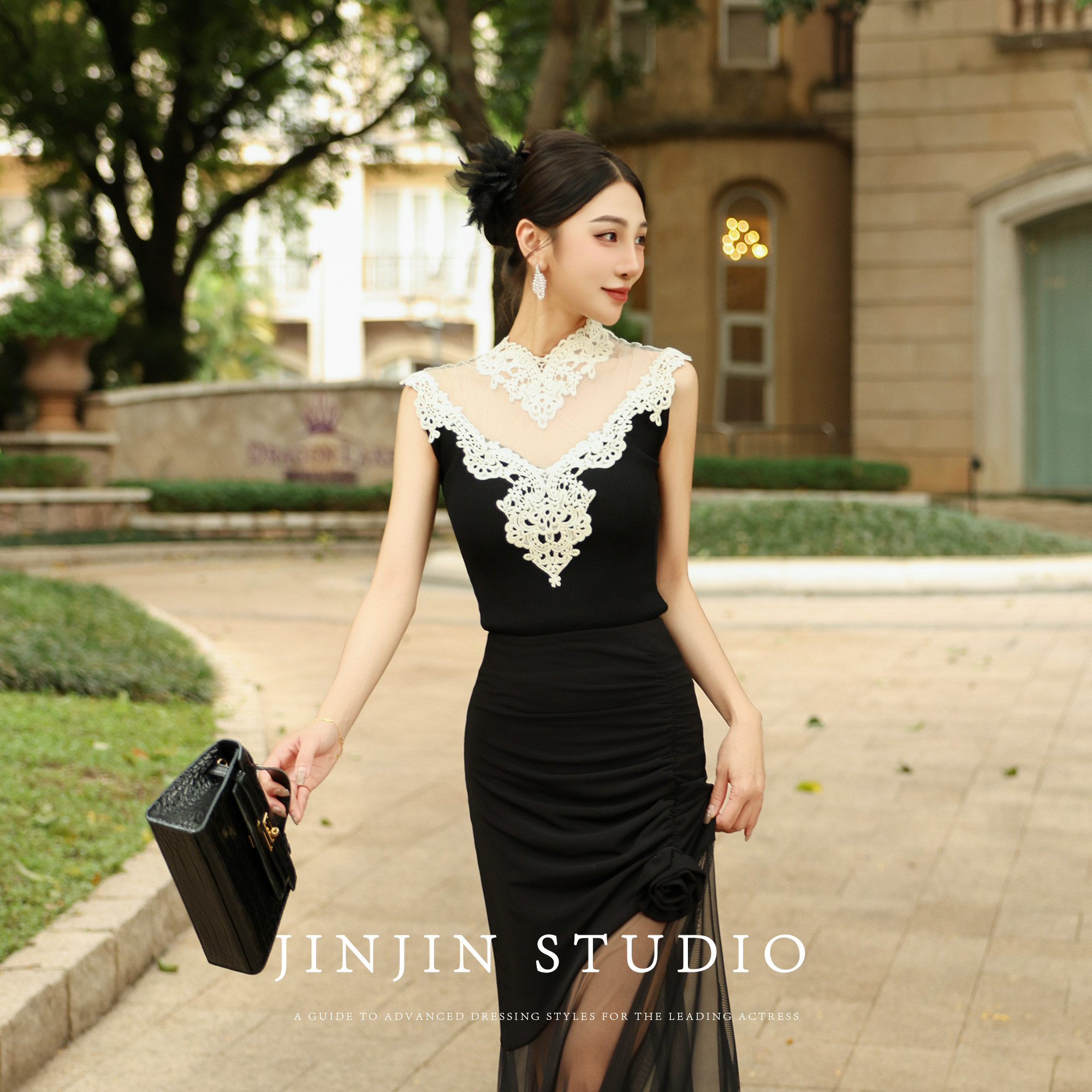 MD进进原创夏季气质黑色蕾丝透视设计感拼接无袖背心修身显瘦上衣