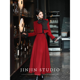 套装 2025冬年会穿搭毛呢洋气外套半裙时尚 奢香贵气 MD进进原创