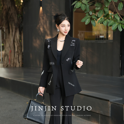 设计重工感烫钻修身显瘦西装外套