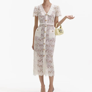 【明星同款】初遇女装定制春夏镂空象牙白翻时尚领连衣裙