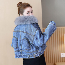 加绒仿狐狸大毛领夹克女 2019秋冬新款 羊羔毛绒牛仔棉衣外套女短款