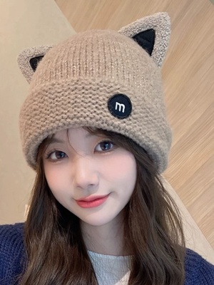 猫笼帽露脸猫耳针织女帽秋冬羊毛衬到Heattech日式风格风格可爱的