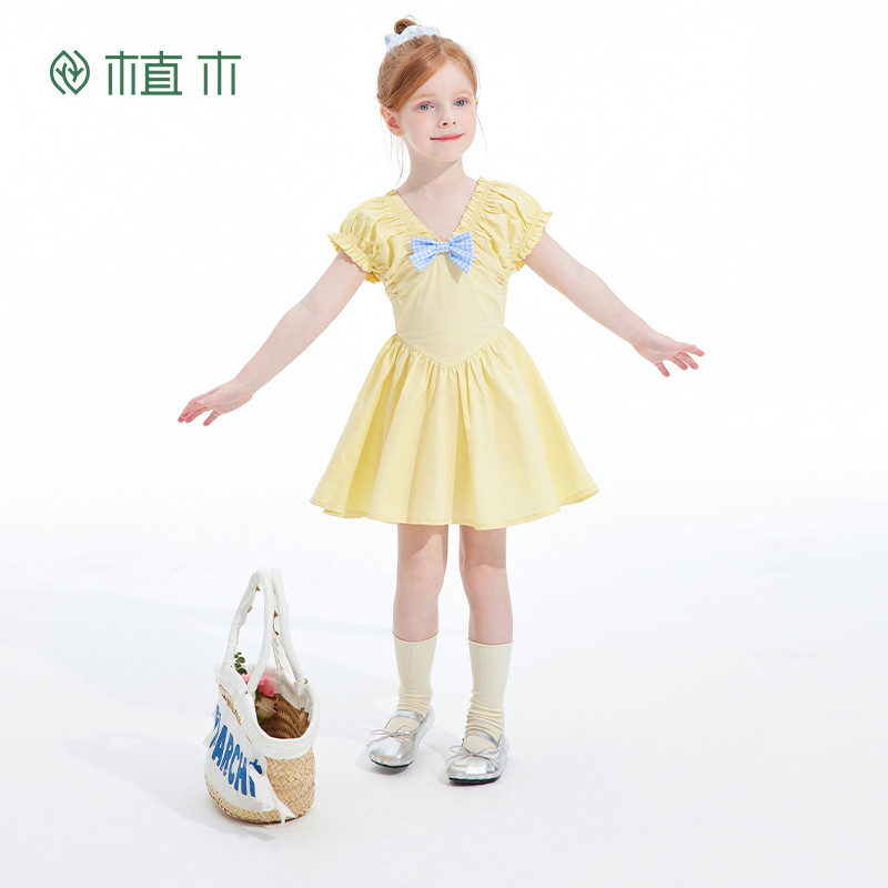 植木女童裙子2026夏季新款中大童棉质蝴蝶结连衣裙儿童裙子童装