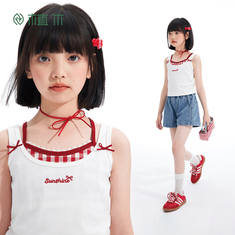 植木女童吊带2026夏季新款中大童假两件叠穿修身背心儿童背心童装