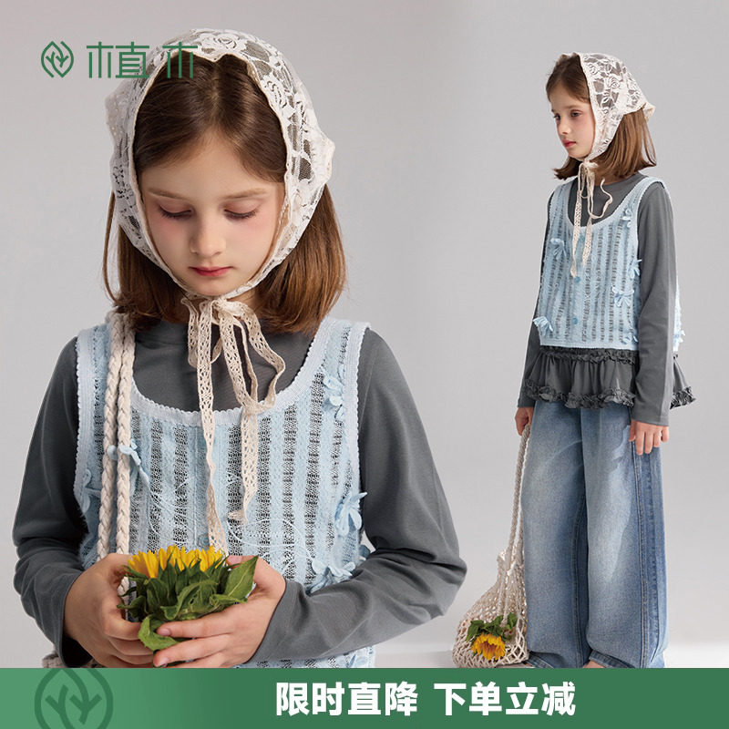 植木童装 女童背心马甲短款儿童宽松针织背心2025年春新款中大童