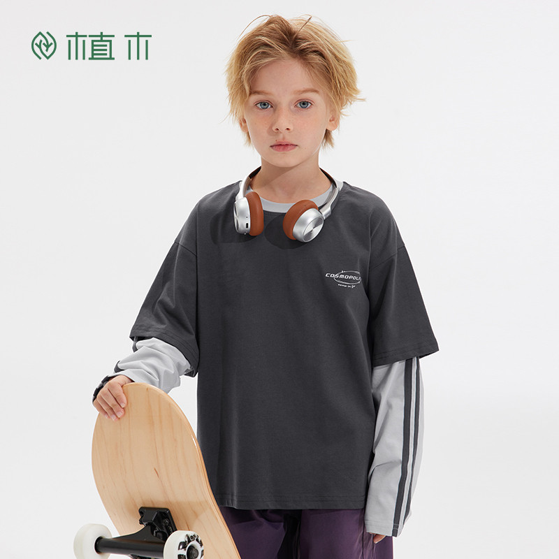 植木童装儿童T恤2025秋冬新款中大童假两件复古印花上衣男童T恤,童装/婴儿装/亲子装,T恤,淘宝优惠券,粉丝福利购,淘宝优惠卷