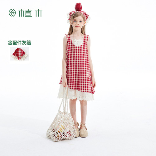 女童 森系清新格纹背心裙 搭配蕾丝头巾