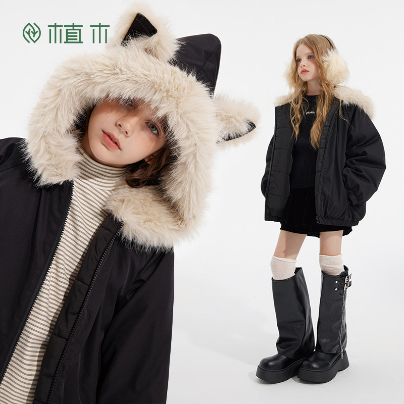 男女童复古加厚猫耳朵棉服