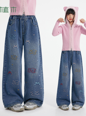 植木儿童裤子2026春新款中大童可爱小狗直筒牛仔裤女童裤子童装