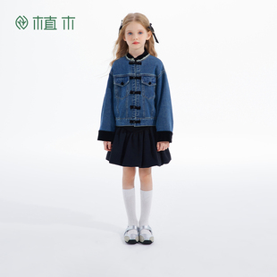 儿童衣服秋冬中大童牛仔上衣外套童装 女童外套2025新款 植木新中式
