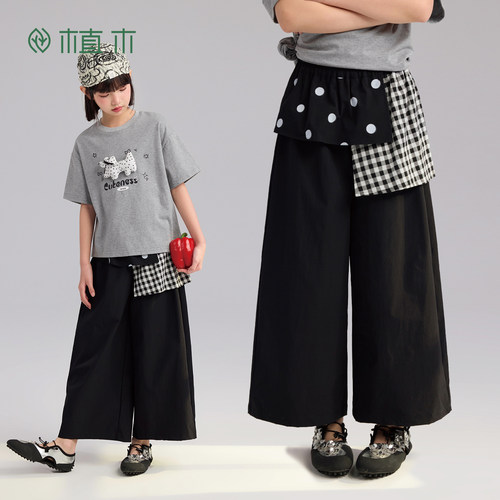 植木【墨格相衔】格子拼接阔腿裤九分裤女童长裤青少年26夏季童装
