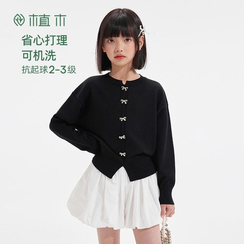 女童 蝴蝶结气质感圆领针织衫毛衣