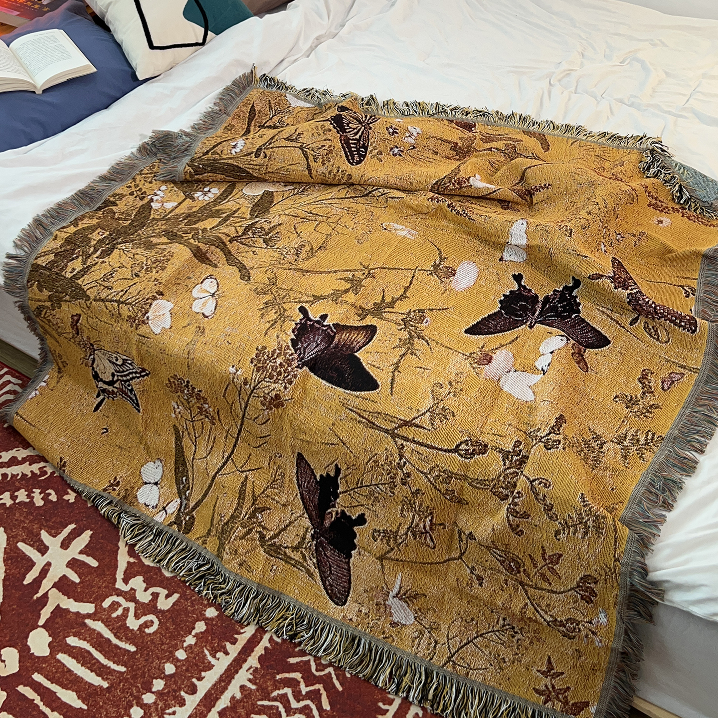 中古风蝴蝶针织毯子单人沙发毯盖巾书房书画装饰毯墙上挂毯画DIY