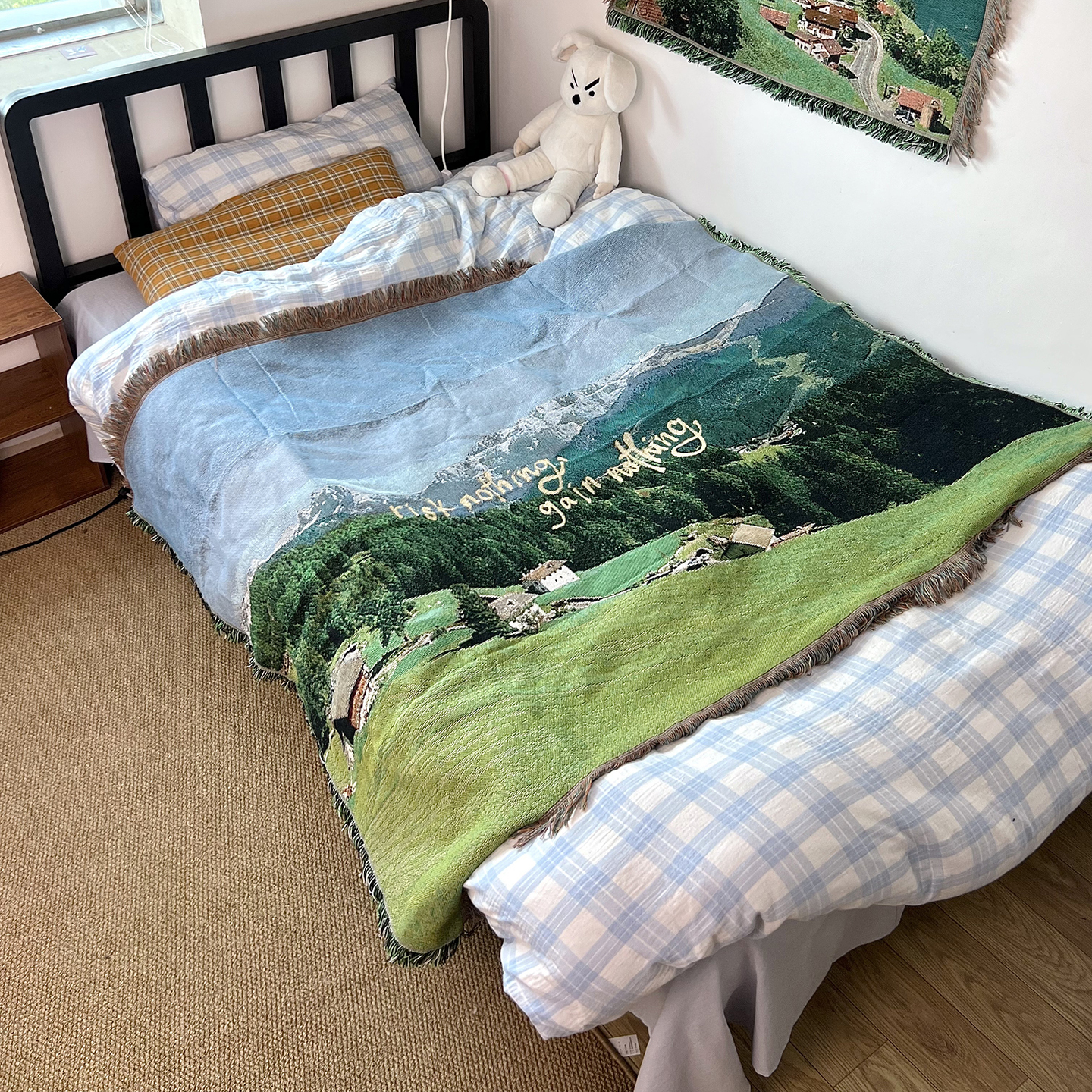 治愈感绿色油画风景毯子横版咖啡馆酒馆装饰挂毯沙发巾床上盖毯