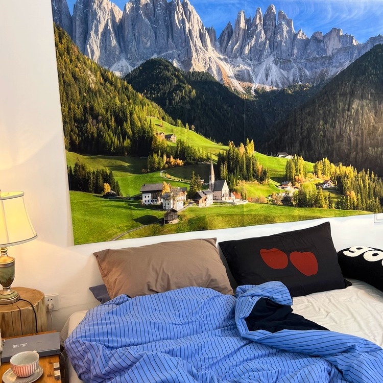 意大利多洛米蒂山风景挂布画毯床头背景布墙面装饰遮丑挂布可定制