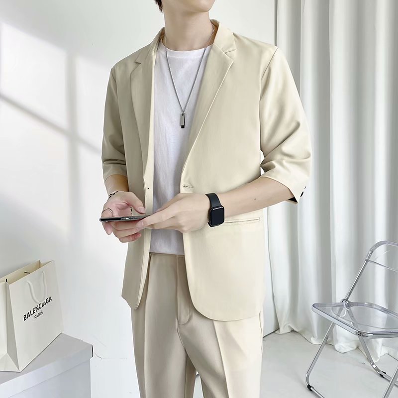 七分袖西装男套装秋季轻熟风休闲雅痞宽松薄款短袖小西服帅气一套