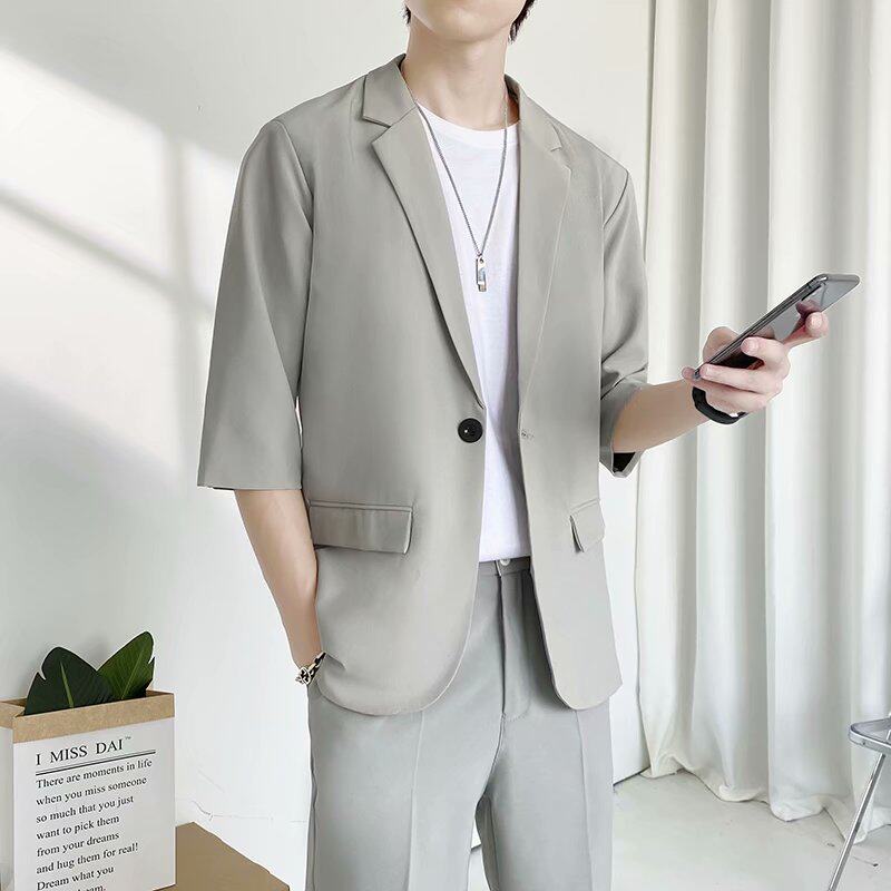 春季薄款短袖西装男套装轻熟风高级感七分袖小西服帅气一套两件套