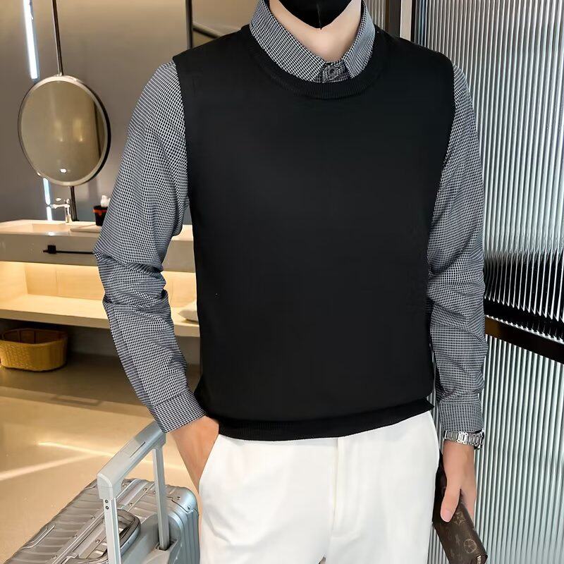 假两件衬衫男长袖秋季新款针织衫秋装上衣商务修身衬衣领毛衣外套