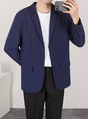 深蓝色休闲小西装男外套韩版潮流商务正装伴郎礼服西服三件套套装