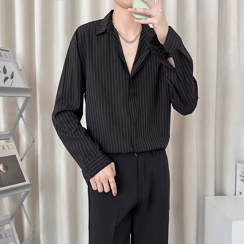 条纹长袖衬衫男春季外套痞帅潮牌
