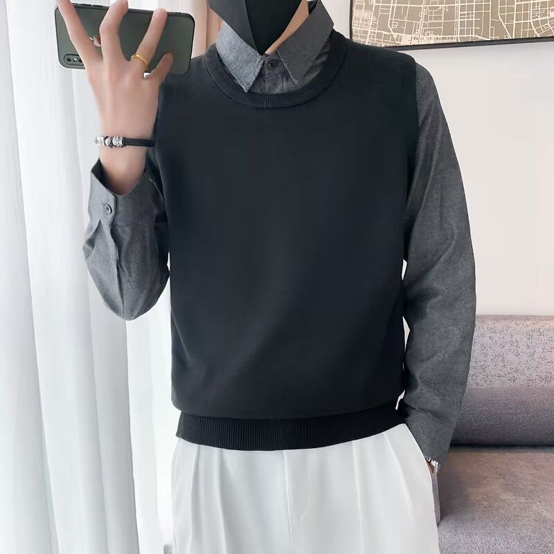 假两件针织衫男士修身复古秋冬季英伦风毛衫拼接衬衫领外套韩版潮