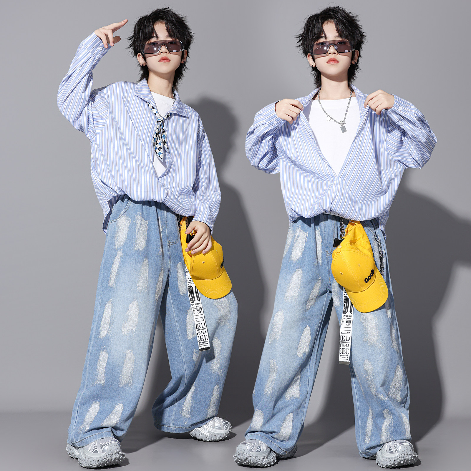 少儿hiphop街舞演出服男女童元旦酷帅儿童嘻哈走秀衬衫牛仔裤套装