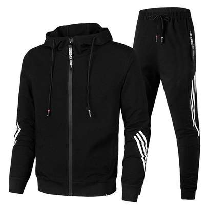 Spring Leisure Sports Set with Three Bars Hooded Zipper Swea