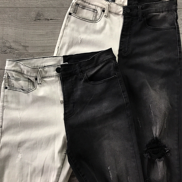 纽约强品丹宁重工割破高弹中腰超修身skinny牛仔裤男黑白阴阳拼接