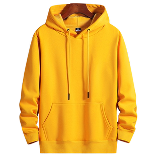 春秋冬纯色百搭加绒连帽卫衣男士运动套头外套宽松休闲情侣装黄色