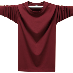 春秋季重磅T恤男纯棉运动圆领打底汗衫纯色体恤长袖t恤上衣枣红色