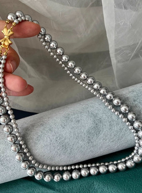 日本gentle motto银灰色贝珠双层叠戴珍珠项链女夏季百搭小众
