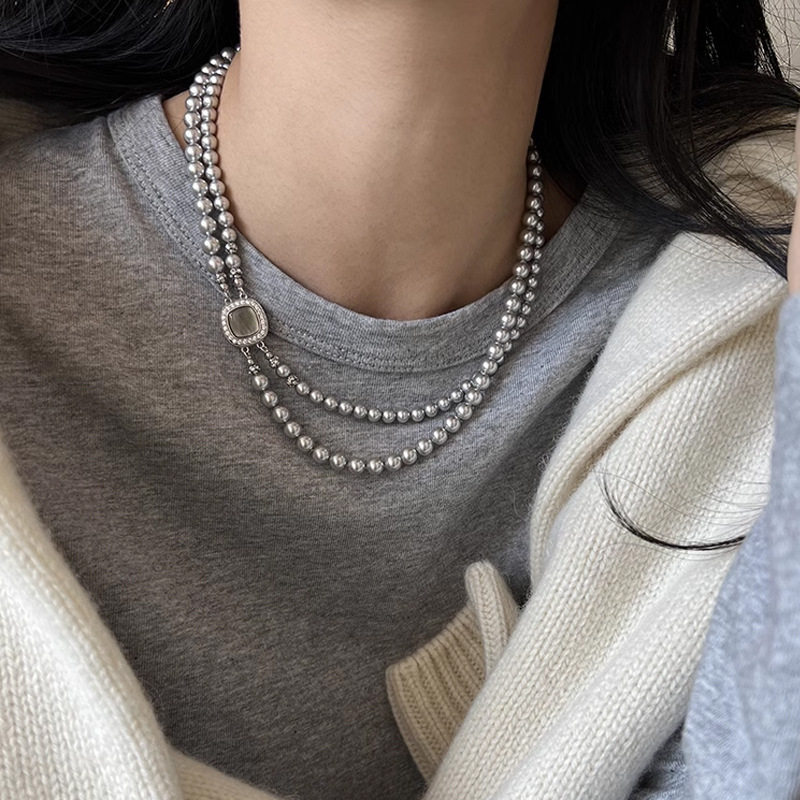 日本gentle motto贝母扣真多麻色灰珍珠双层项链女百搭高级