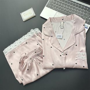 2025新款 冰雪丝短袖 夏季 开衫 睡衣女款 轻奢风波点蕾丝花边网红套装