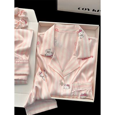 冰丝甜美条纹长袖睡衣女春秋夏季