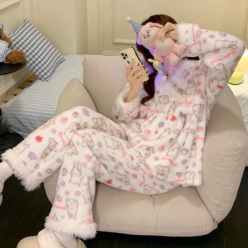 秋冬甜美加厚公主风珊瑚绒睡衣女