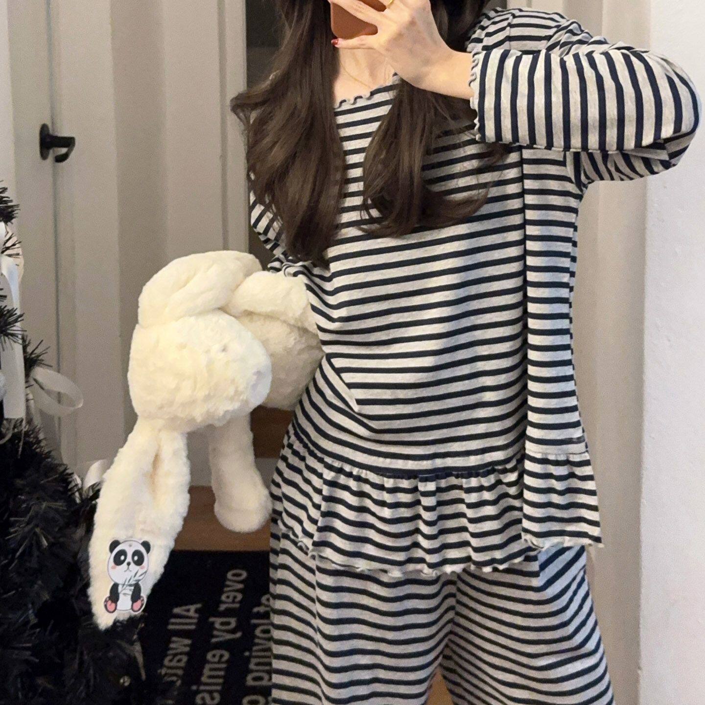 韩版ins风条纹莫代尔长袖套头睡衣女款春秋简约可外穿家居服套装