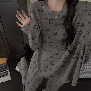 KT猫睡衣女款长袖长裤学生春秋季款ins风宽松圆领套头网红家居服