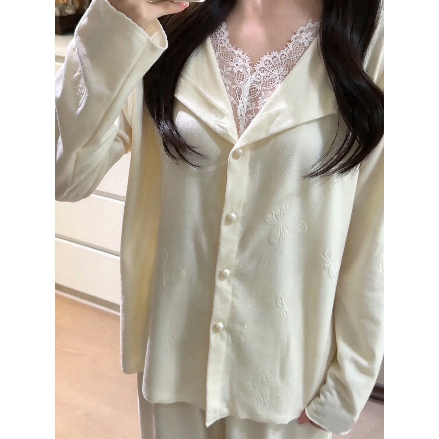 休闲睡衣女蕾丝花边甜美棉质蝴蝶套头长袖春秋带胸垫家居服防凸点