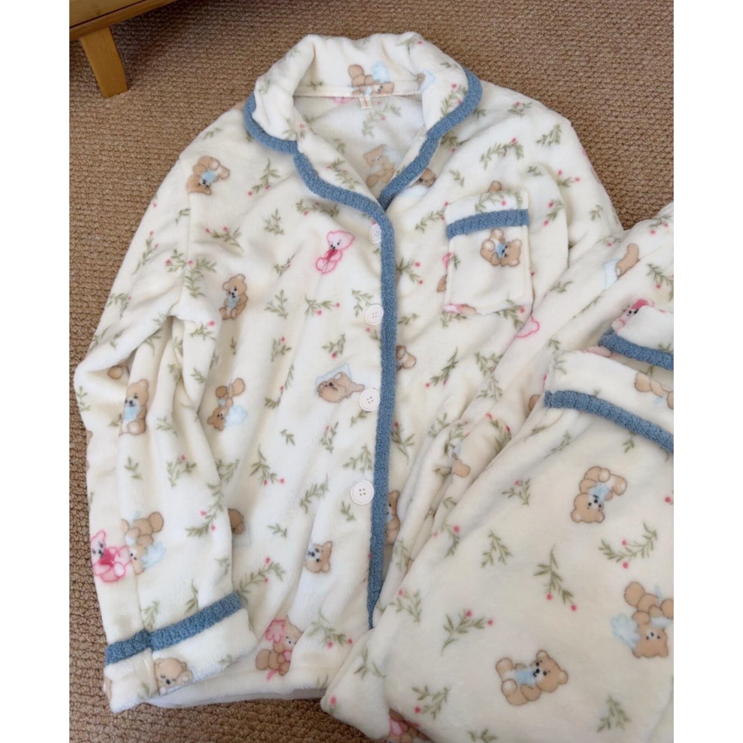 冬季可爱小熊花卉睡衣女开衫套装