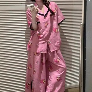 夏季 甜美蕾丝边蜡笔小新短袖 长裤 睡衣女ins网红云朵棉家居服套装